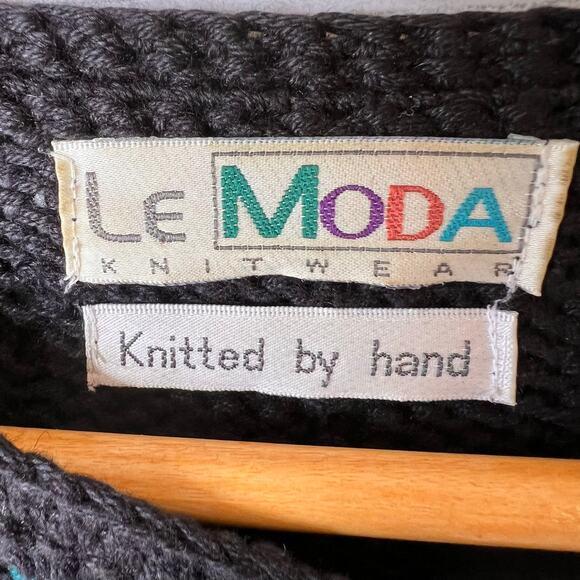 Le Moda Sweater Womens Size Medium Vintage Black Knitted by Hand Granny Square - Picture 2 of 16